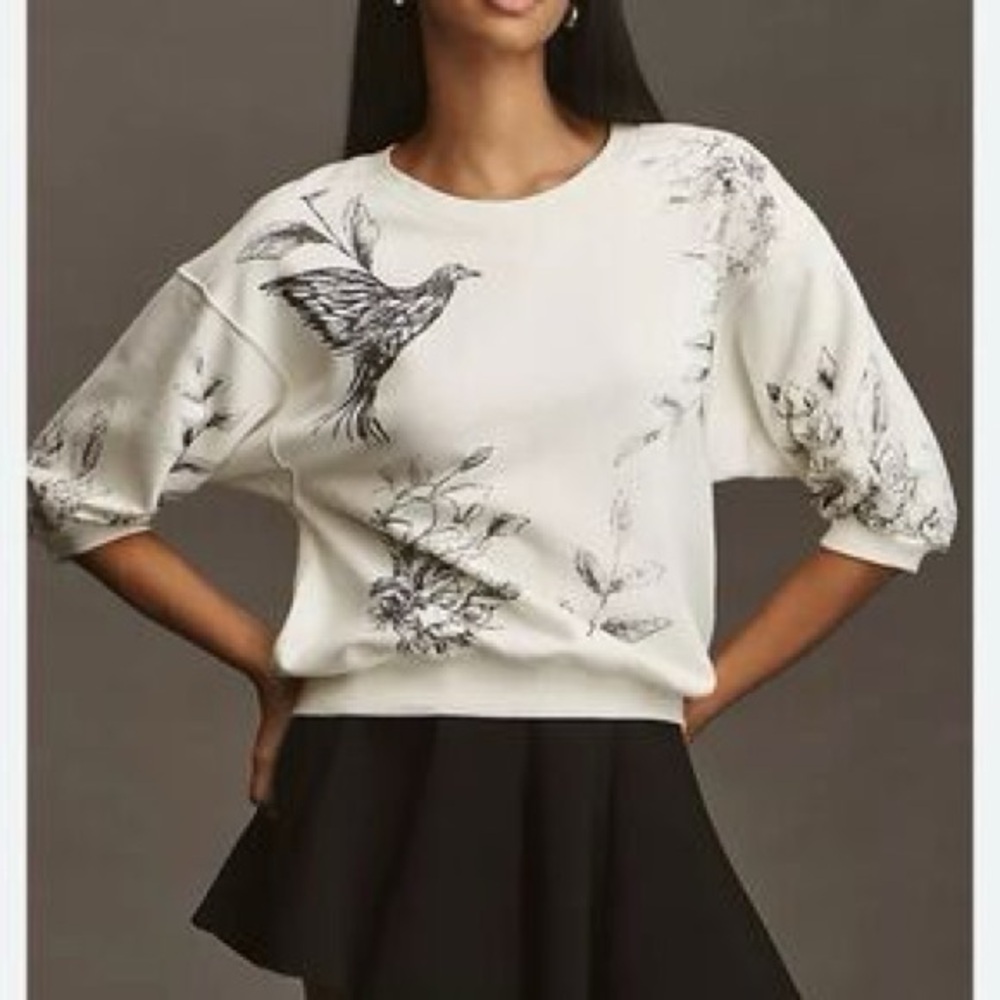 Anthropologie Pilcro White Puff-Sleeve Sweatshirt Top with Bird Print size L
